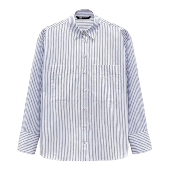 ZARA | White/Blue | STRIPED POPLIN SHIRT - Picture 2 of 12